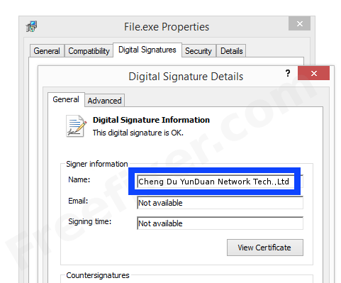 Screenshot of the Cheng Du YunDuan Network Tech.,Ltd certificate